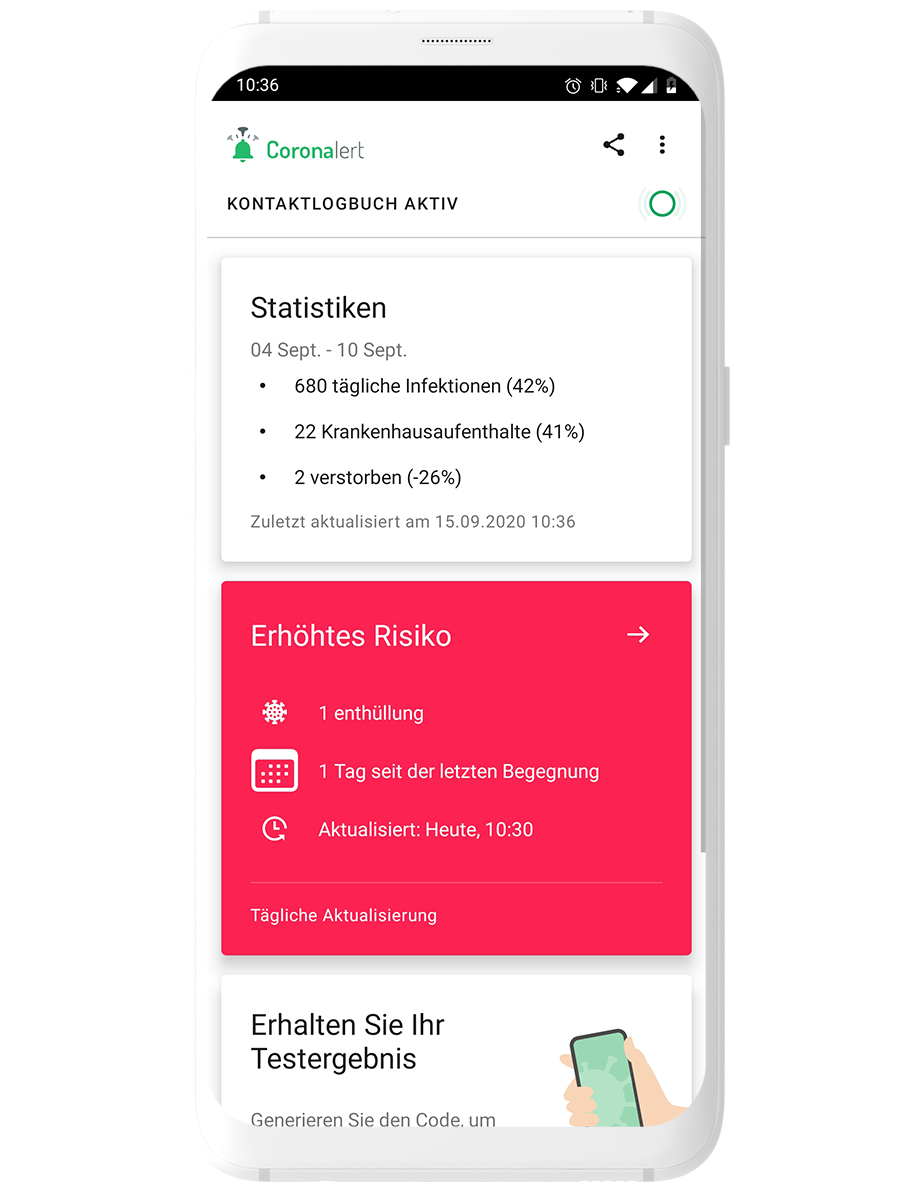 Bildschirmfoto der Coronalert app